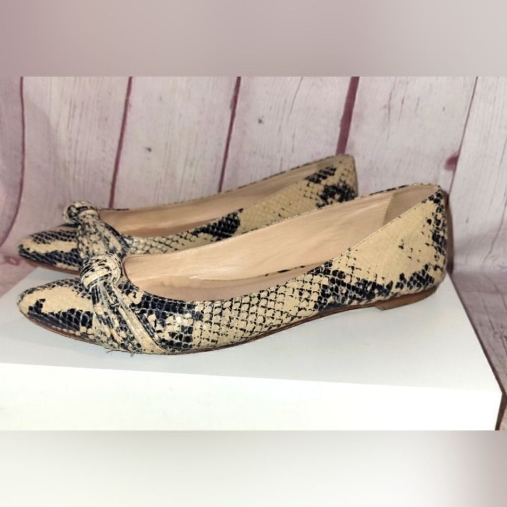 Loeffler Randall "Mignon Knot" Blk/Tan Snakeskin Print Leather Flats 8M $325